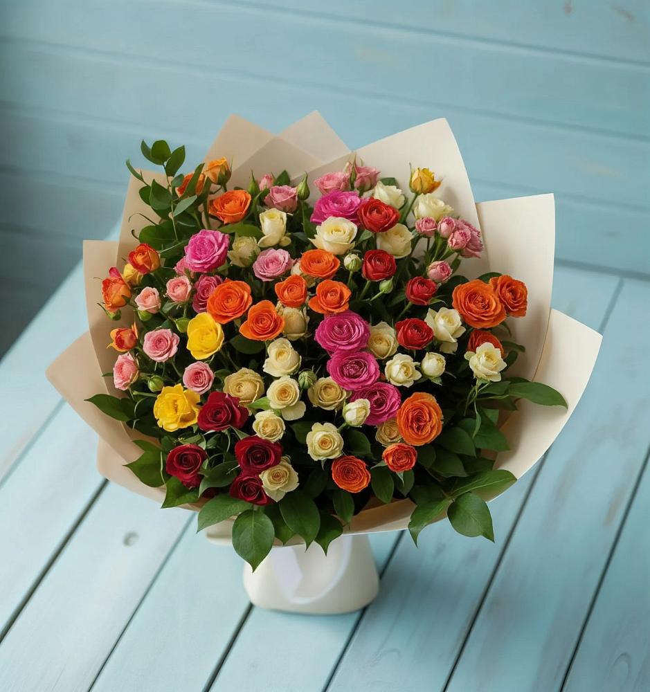 Букет Микс из разноцветных кустовых роз в Верхнеднепровском